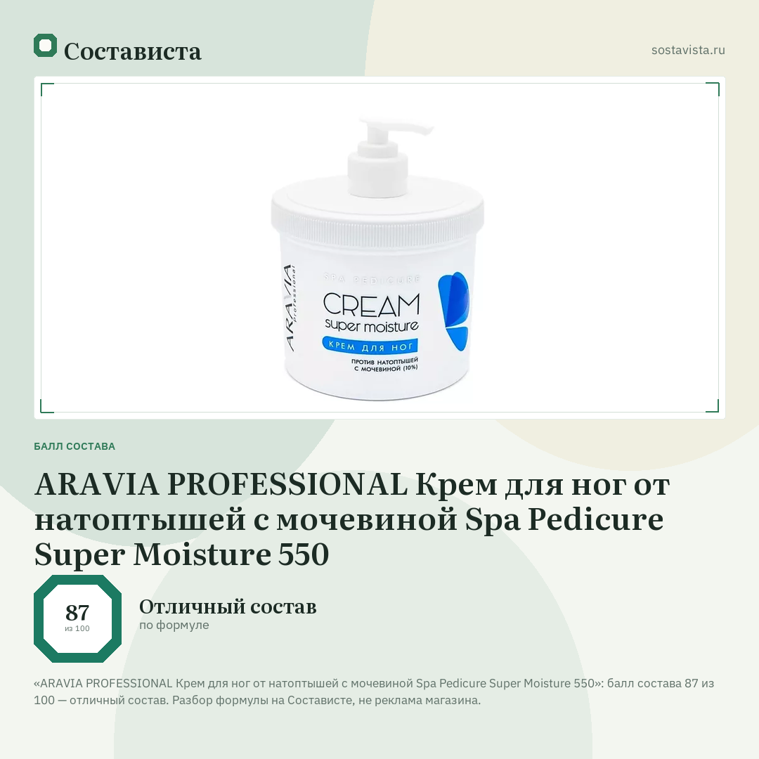 ARAVIA PROFESSIONAL Крем для ног от натоптышей с мочевиной Spa Pedicure Super Moisture 550: балл состава 87 из 100 — Состависта