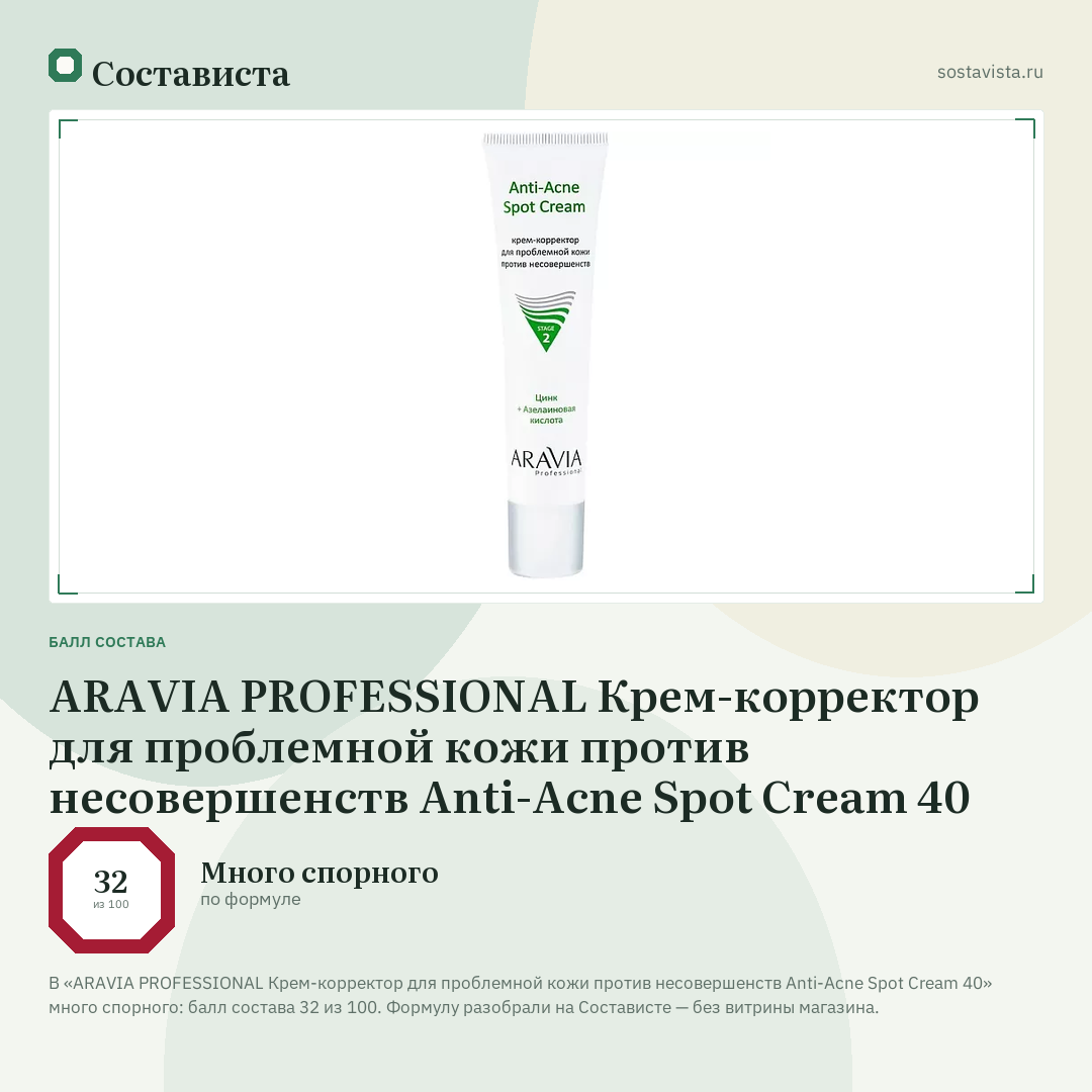 ARAVIA PROFESSIONAL Крем-корректор для проблемной кожи против несовершенств Anti-Acne Spot Cream 40: балл состава 32 из 100 — Состависта