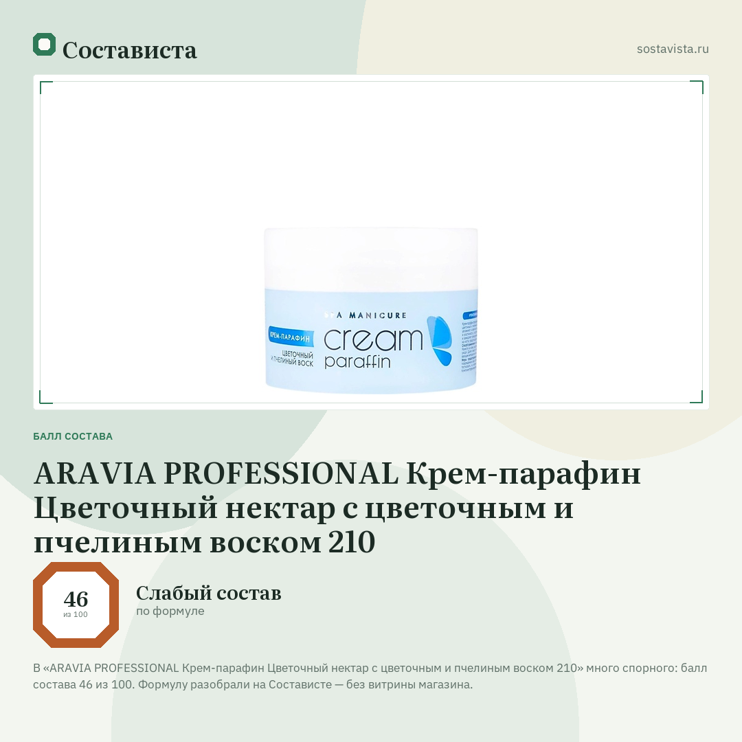 ARAVIA PROFESSIONAL Крем-парафин Цветочный нектар с цветочным и пчелиным воском 210: балл состава 46 из 100 — Состависта