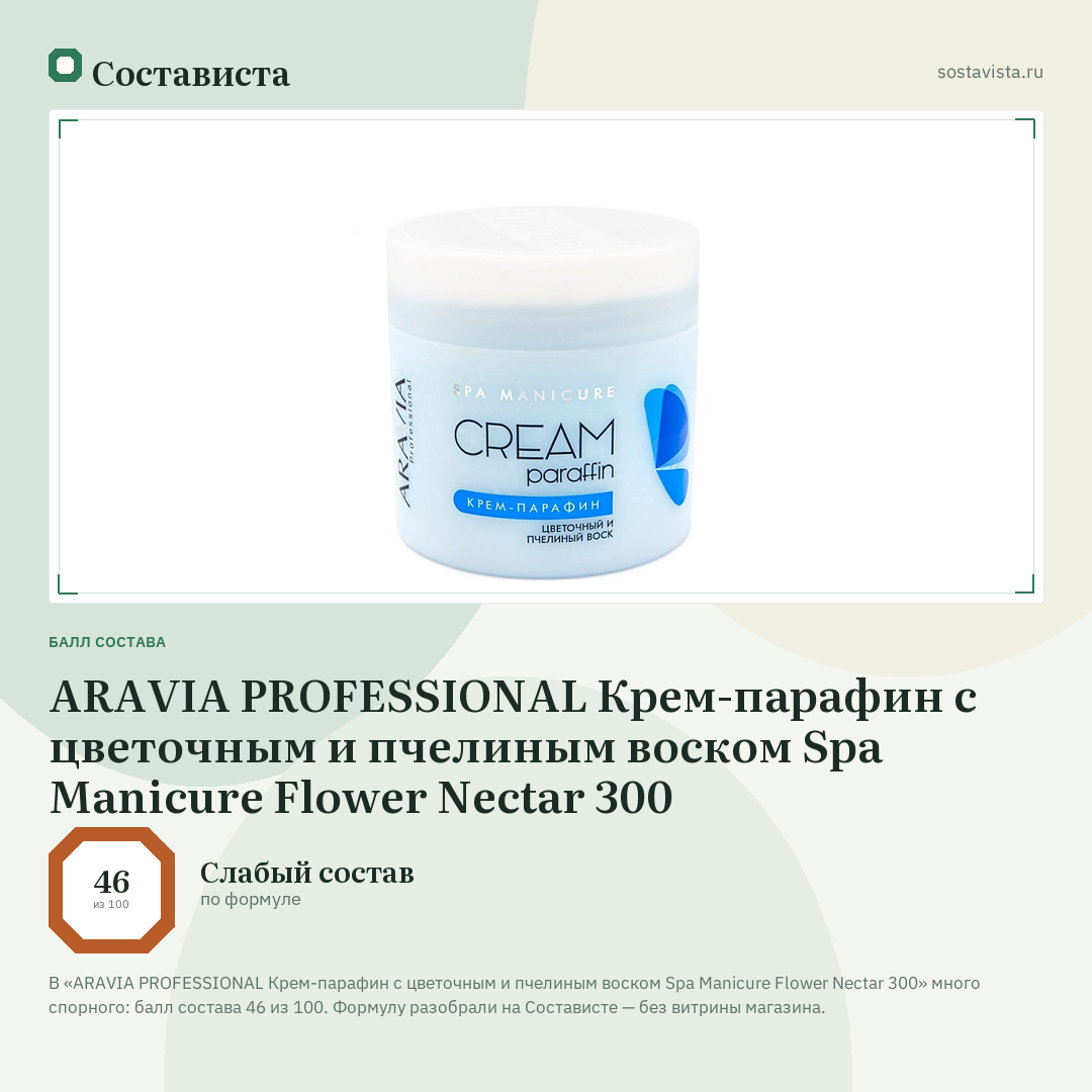 ARAVIA PROFESSIONAL Крем-парафин с цветочным и пчелиным воском Spa Manicure Flower Nectar 300: балл состава 46 из 100 — Состависта