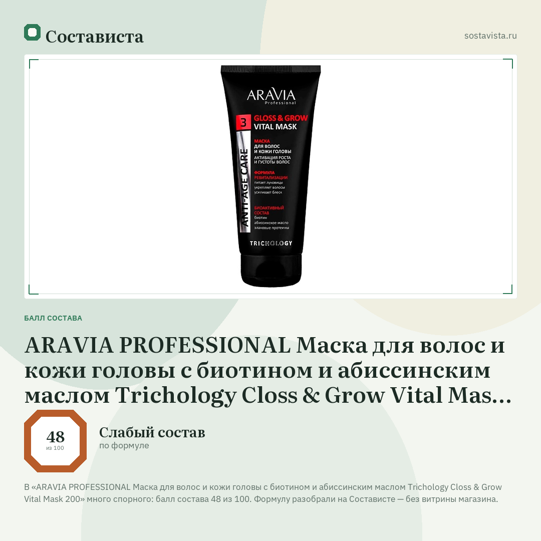 ARAVIA PROFESSIONAL Маска для волос и кожи головы с биотином и абиссинским маслом Trichology Closs & Grow Vital Mask 200: балл состава 48 из 100 — Состависта