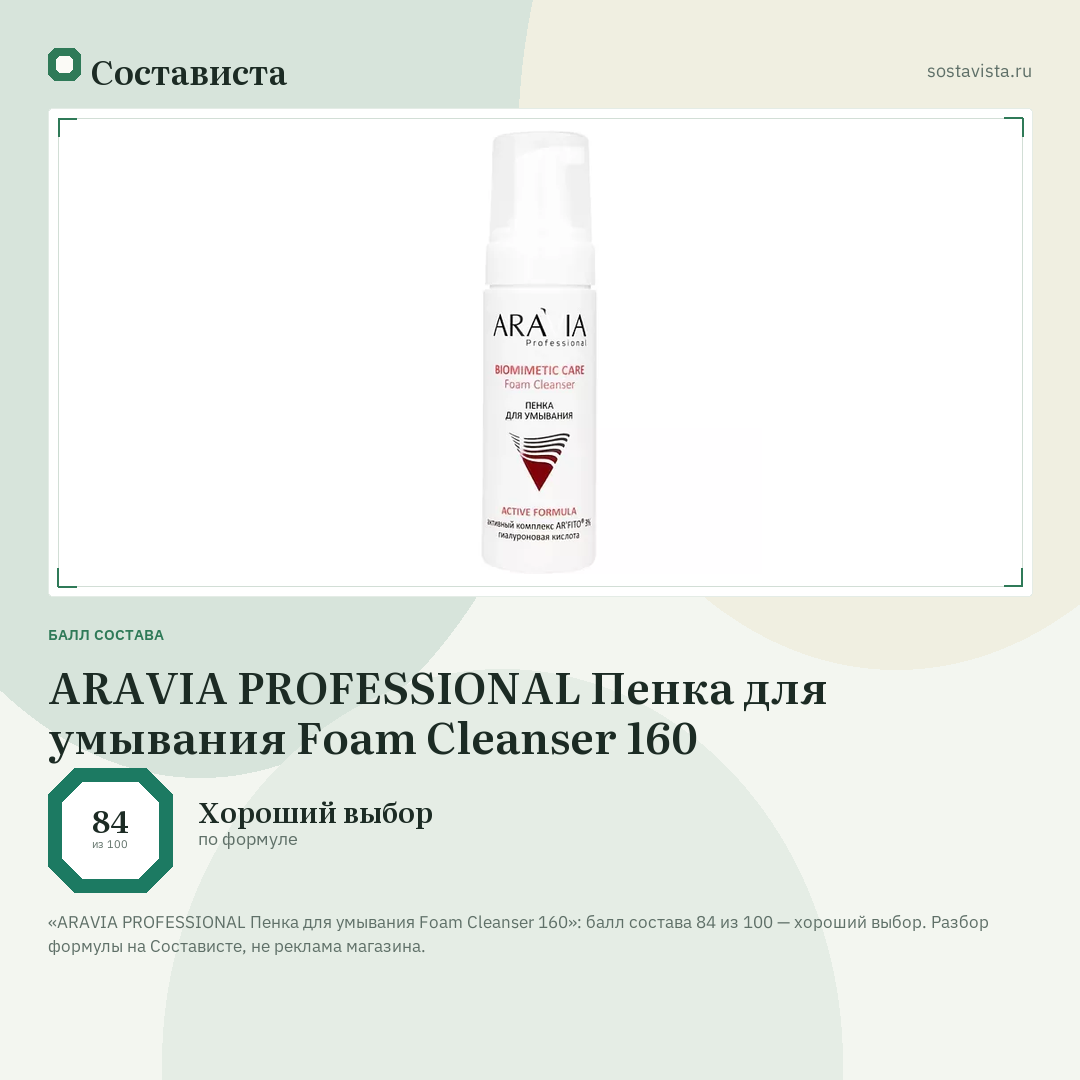 ARAVIA PROFESSIONAL Пенка для умывания Foam Cleanser 160: балл состава 84 из 100 — Состависта