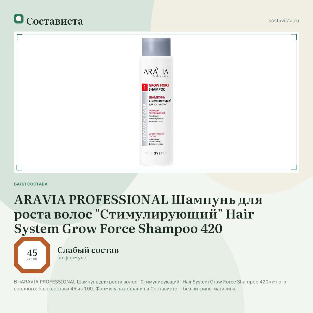 ARAVIA PROFESSIONAL Шампунь для роста волос "Стимулирующий" Hair System Grow Force Shampoo 420: балл состава 45 из 100 — Состависта