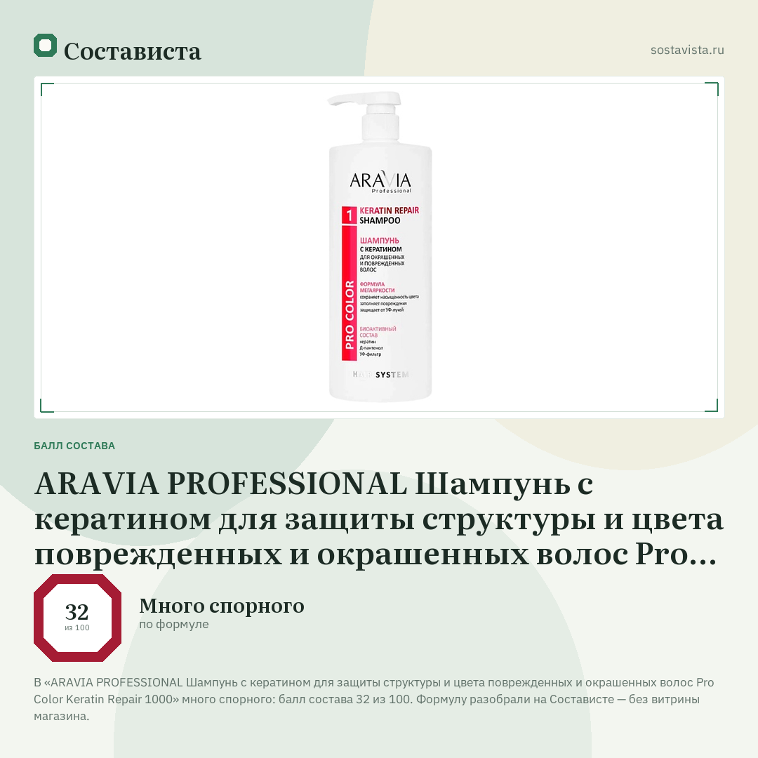 ARAVIA PROFESSIONAL Шампунь с кератином для защиты структуры и цвета поврежденных и окрашенных волос Pro Color Keratin Repair 1000: балл состава 32 из 100 — Состависта