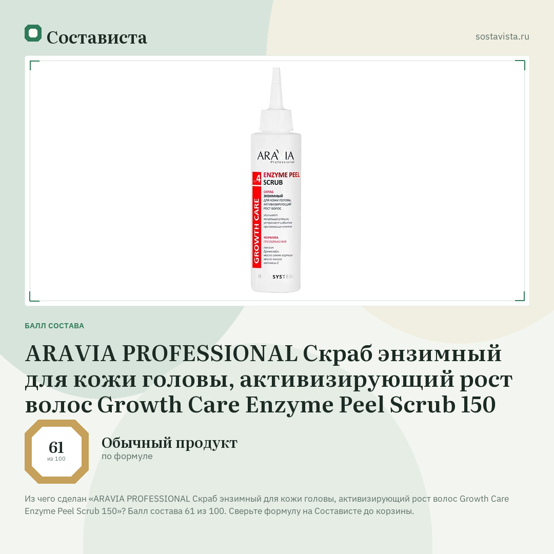 ARAVIA PROFESSIONAL Скраб энзимный для кожи головы, активизирующий рост волос Growth Care Enzyme Peel Scrub 150: балл состава 61 из 100 — Состависта