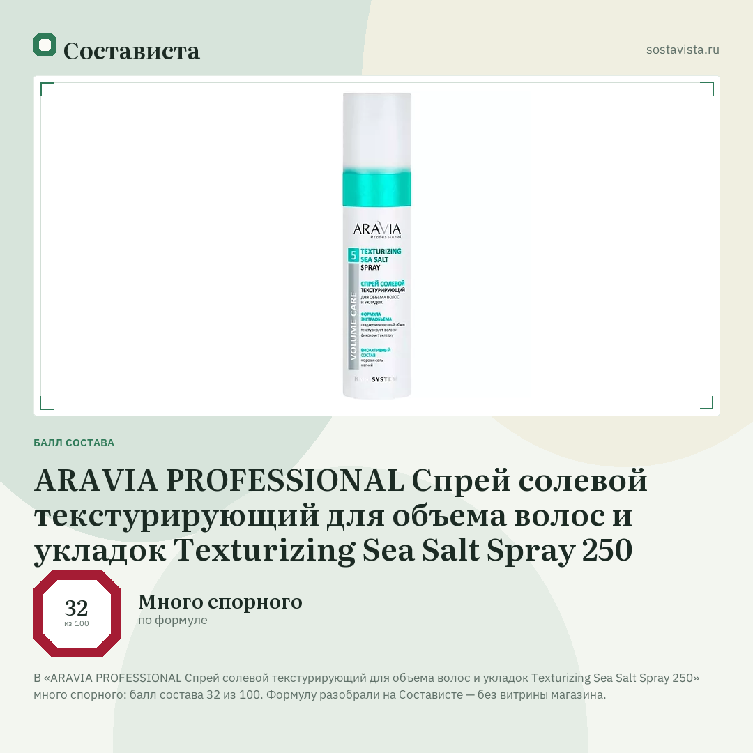 ARAVIA PROFESSIONAL Спрей солевой текстурирующий для объема волос и укладок Texturizing Sea Salt Spray 250: балл состава 32 из 100 — Состависта