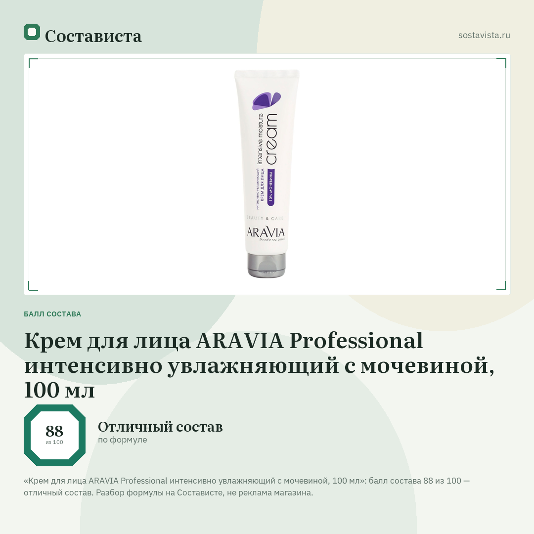 Крем для лица ARAVIA Professional интенсивно увлажняющий с мочевиной, 100 мл: балл состава 88 из 100 — Состависта