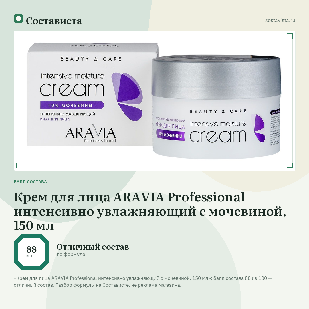 Крем для лица ARAVIA Professional интенсивно увлажняющий с мочевиной, 150 мл: балл состава 88 из 100 — Состависта