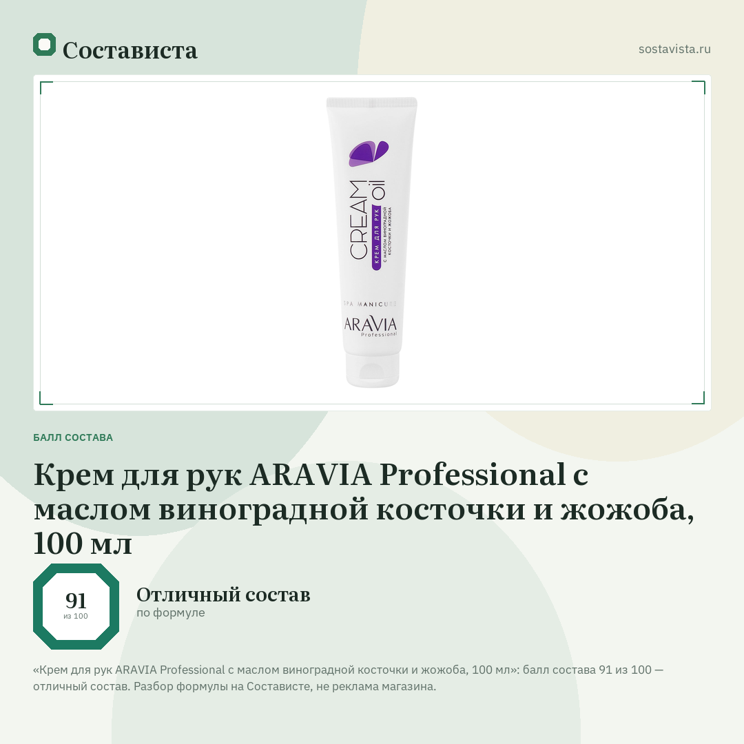 Крем для рук ARAVIA Professional с маслом виноградной косточки и жожоба, 100 мл: балл состава 91 из 100 — Состависта