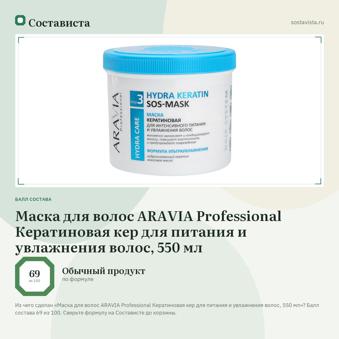 Маска для волос ARAVIA Professional Кератиновая кер для питания и увлажнения волос, 550 мл: балл состава 69 из 100 — Состависта