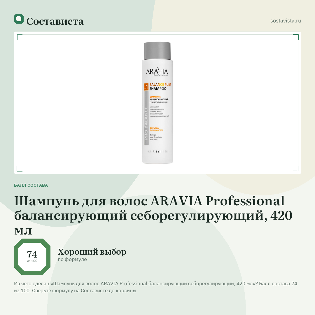 Шампунь для волос ARAVIA Professional балансирующий себорегулирующий, 420 мл: балл состава 74 из 100 — Состависта