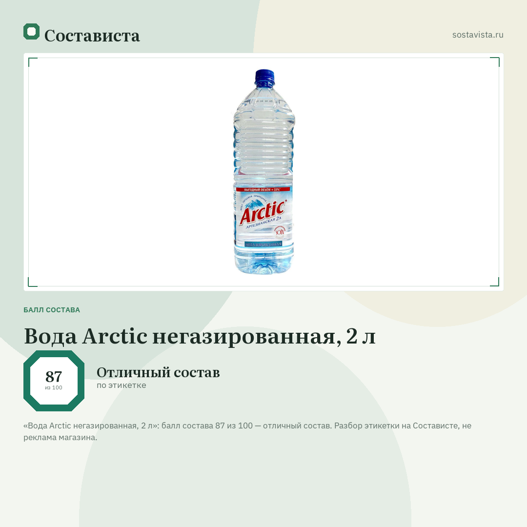 Вода Arctic негазированная, 2 л: балл состава 87 из 100 — Состависта