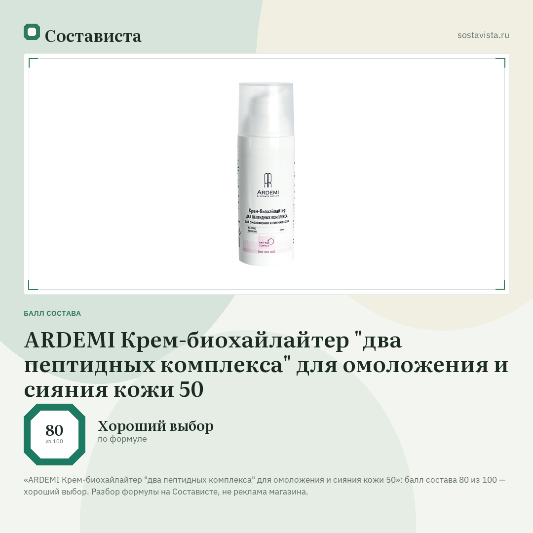 ARDEMI Крем-биохайлайтер "два пептидных комплекса" для омоложения и сияния кожи 50: балл состава 80 из 100 — Состависта