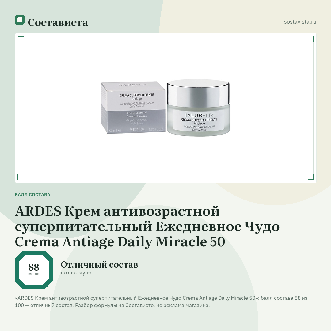 ARDES Крем антивозрастной суперпитательный Ежедневное Чудо Crema Antiage Daily Miracle 50: балл состава 88 из 100 — Состависта