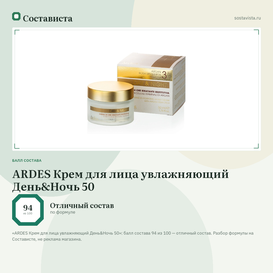 ARDES Крем для лица увлажняющий День&Ночь 50: балл состава 94 из 100 — Состависта