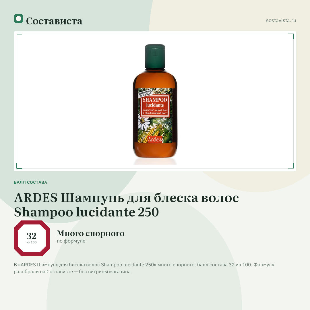 ARDES Шампунь для блеска волос Shampoo lucidante 250: балл состава 32 из 100 — Состависта