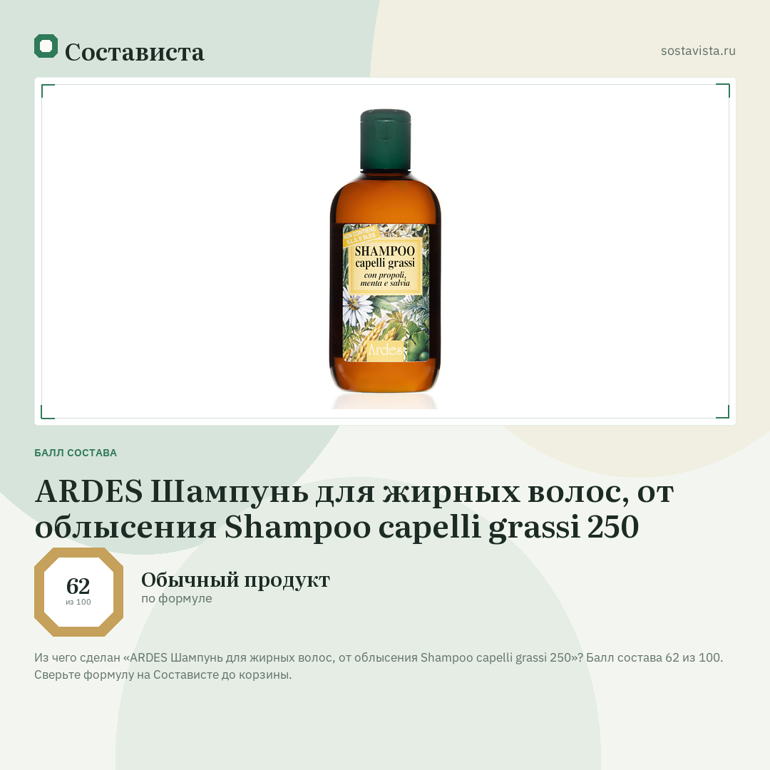 ARDES Шампунь для жирных волос, от облысения Shampoo capelli grassi 250: балл состава 62 из 100 — Состависта