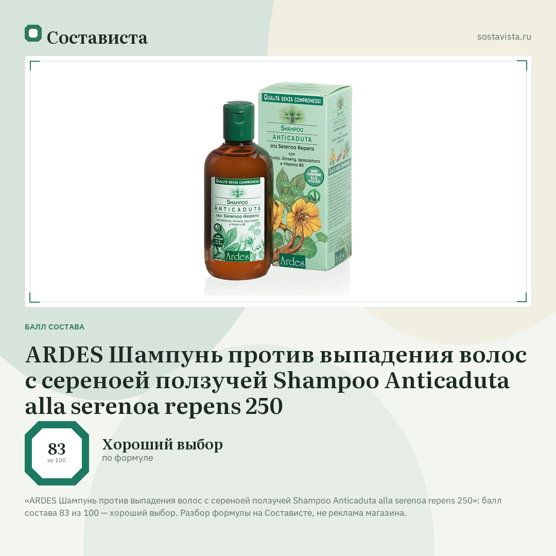 ARDES Шампунь против выпадения волос с сереноей ползучей Shampoo Anticaduta alla serenoa repens 250: балл состава 83 из 100 — Состависта