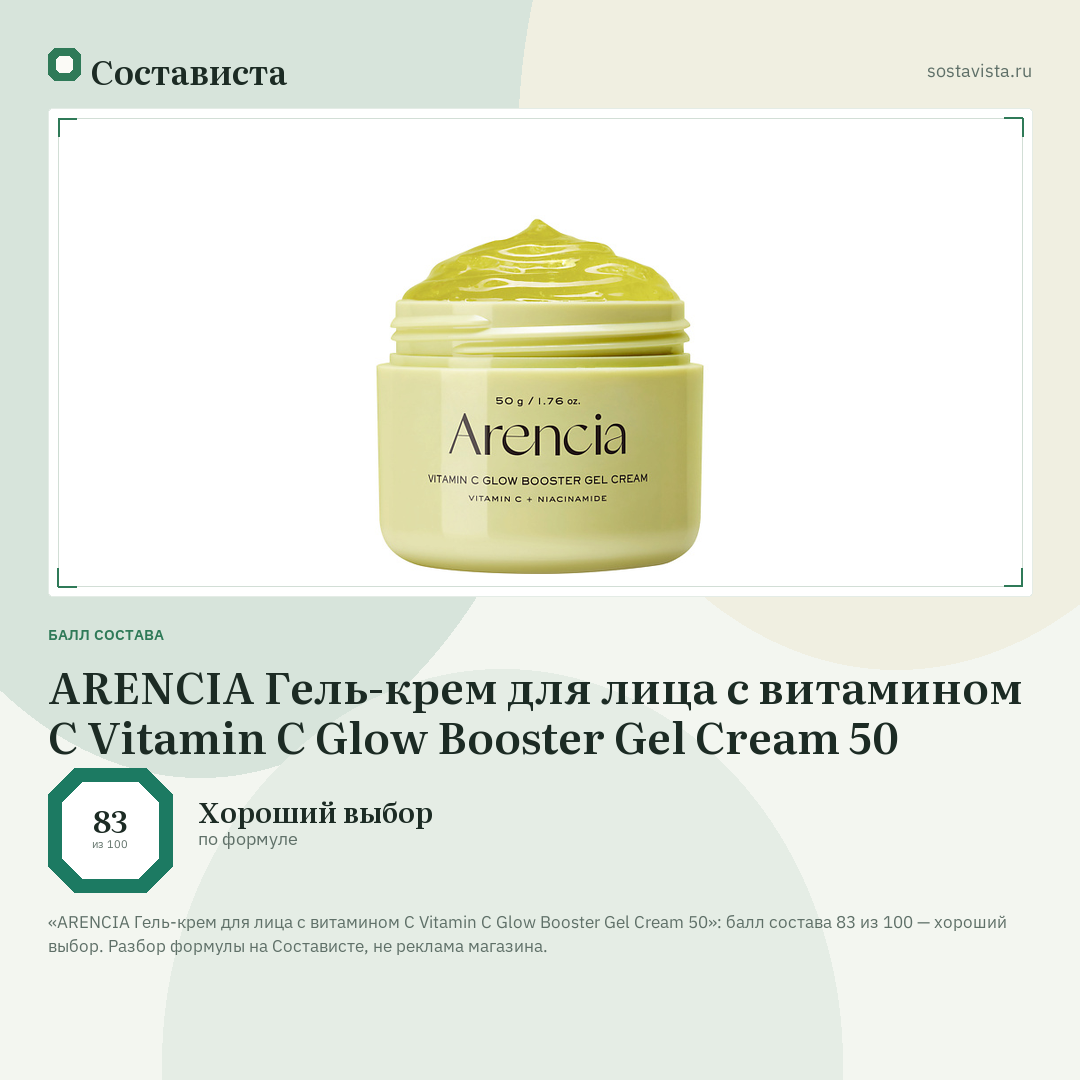 ARENCIA Гель-крем для лица с витамином С Vitamin C Glow Booster Gel Cream 50: балл состава 83 из 100 — Состависта