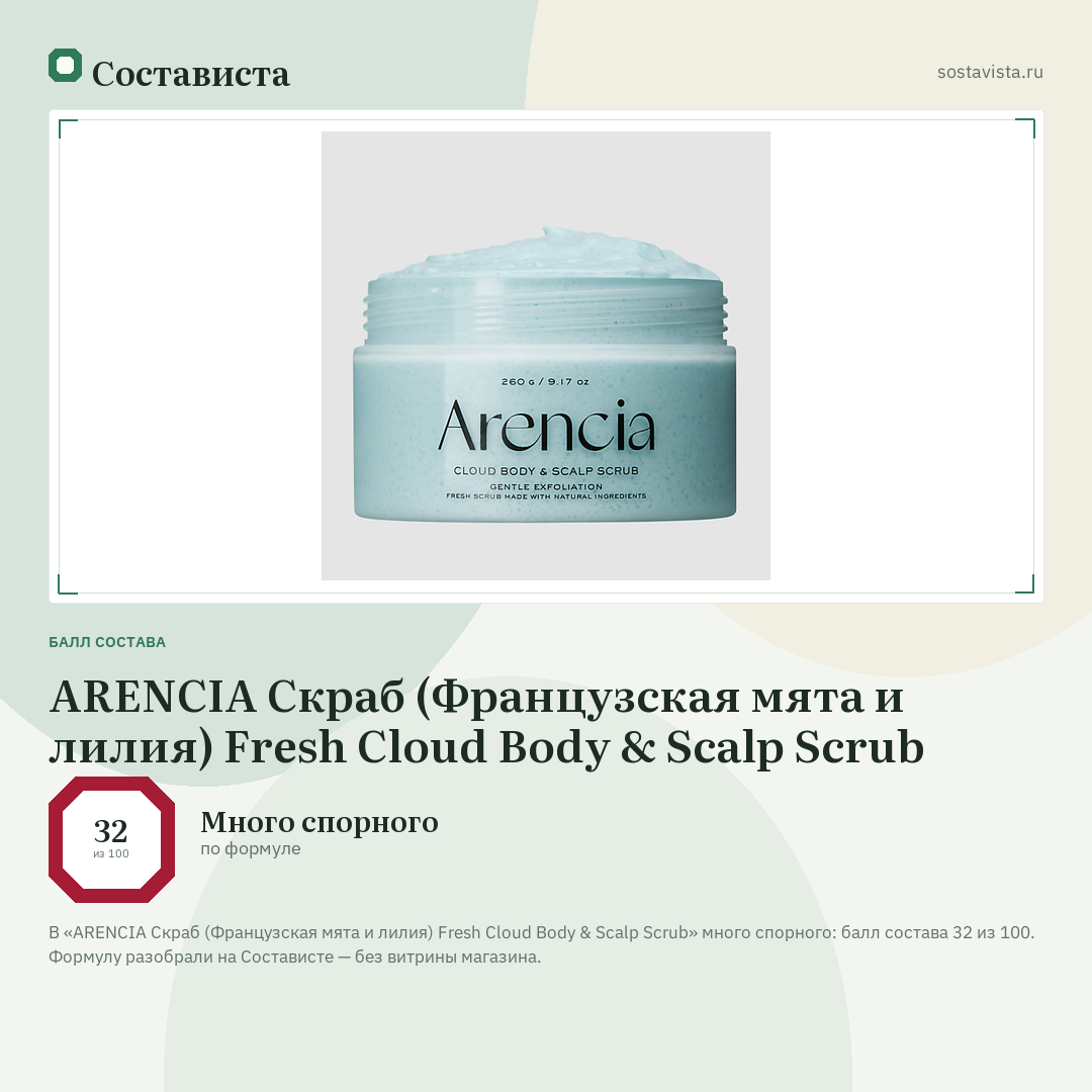 ARENCIA Скраб (Французская мята и лилия) Fresh Cloud Body & Scalp Scrub: балл состава 32 из 100 — Состависта