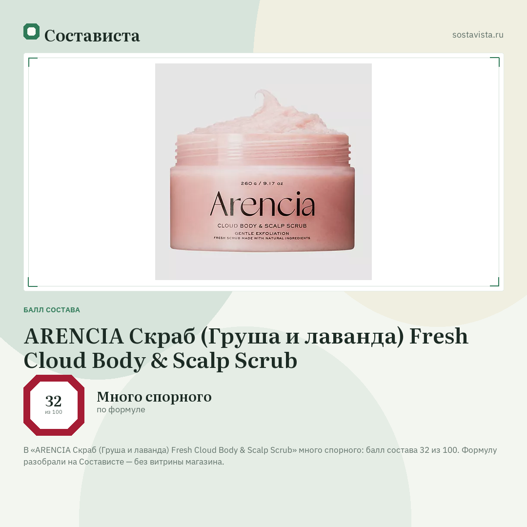 ARENCIA Скраб (Груша и лаванда) Fresh Cloud Body & Scalp Scrub: балл состава 32 из 100 — Состависта
