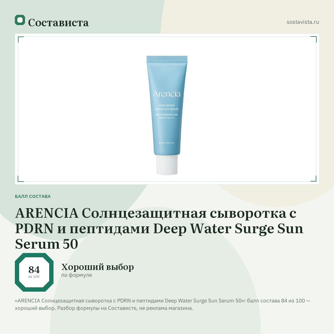 ARENCIA Солнцезащитная сыворотка с PDRN и пептидами Deep Water Surge Sun Serum 50: балл состава 84 из 100 — Состависта