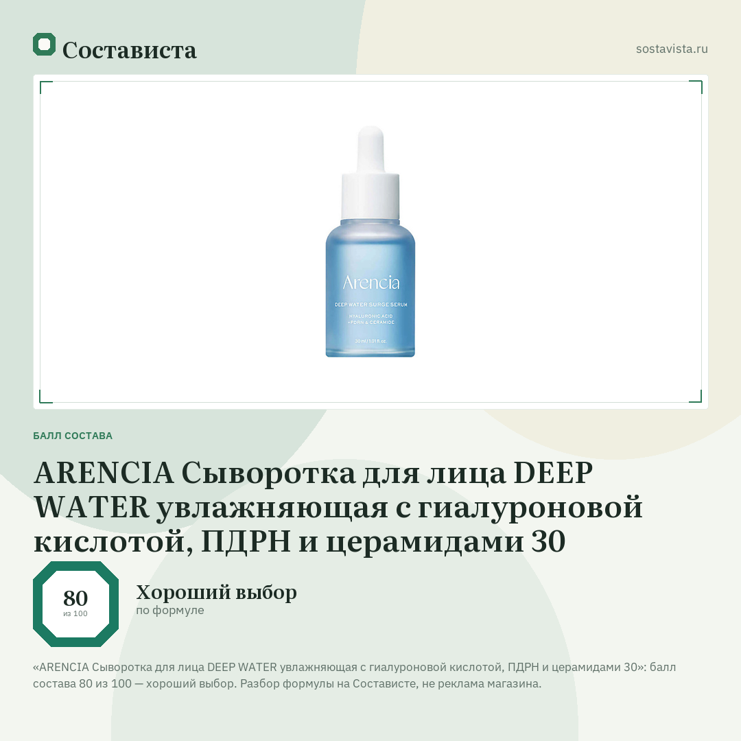 ARENCIA Сыворотка для лица DEEP WATER увлажняющая с гиалуроновой кислотой, ПДРН и церамидами 30: балл состава 80 из 100 — Состависта