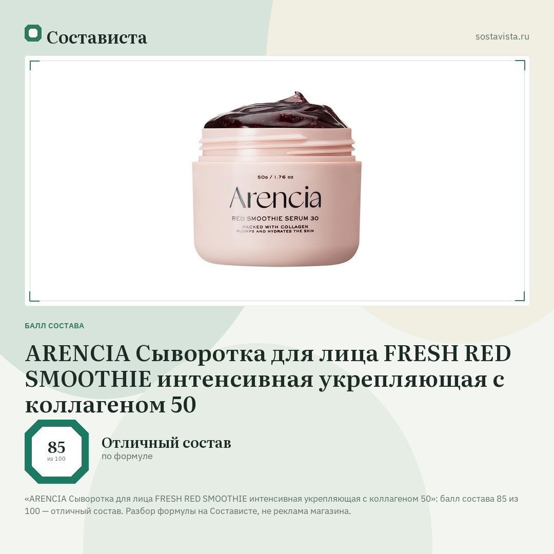 ARENCIA Сыворотка для лица FRESH RED SMOOTHIE интенсивная укрепляющая с коллагеном 50: балл состава 85 из 100 — Состависта