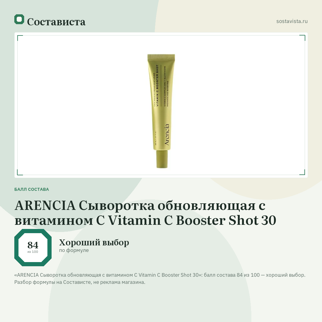 ARENCIA Сыворотка обновляющая с витамином С Vitamin C Booster Shot 30: балл состава 84 из 100 — Состависта