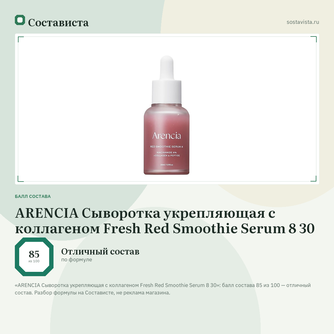 ARENCIA Сыворотка укрепляющая с коллагеном Fresh Red Smoothie Serum 8 30: балл состава 85 из 100 — Состависта