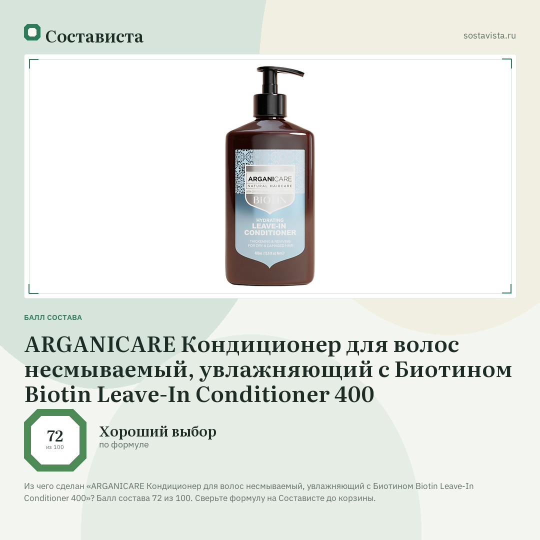 ARGANICARE Кондиционер для волос несмываемый, увлажняющий с Биотином Biotin Leave-In Conditioner 400: балл состава 72 из 100 — Состависта
