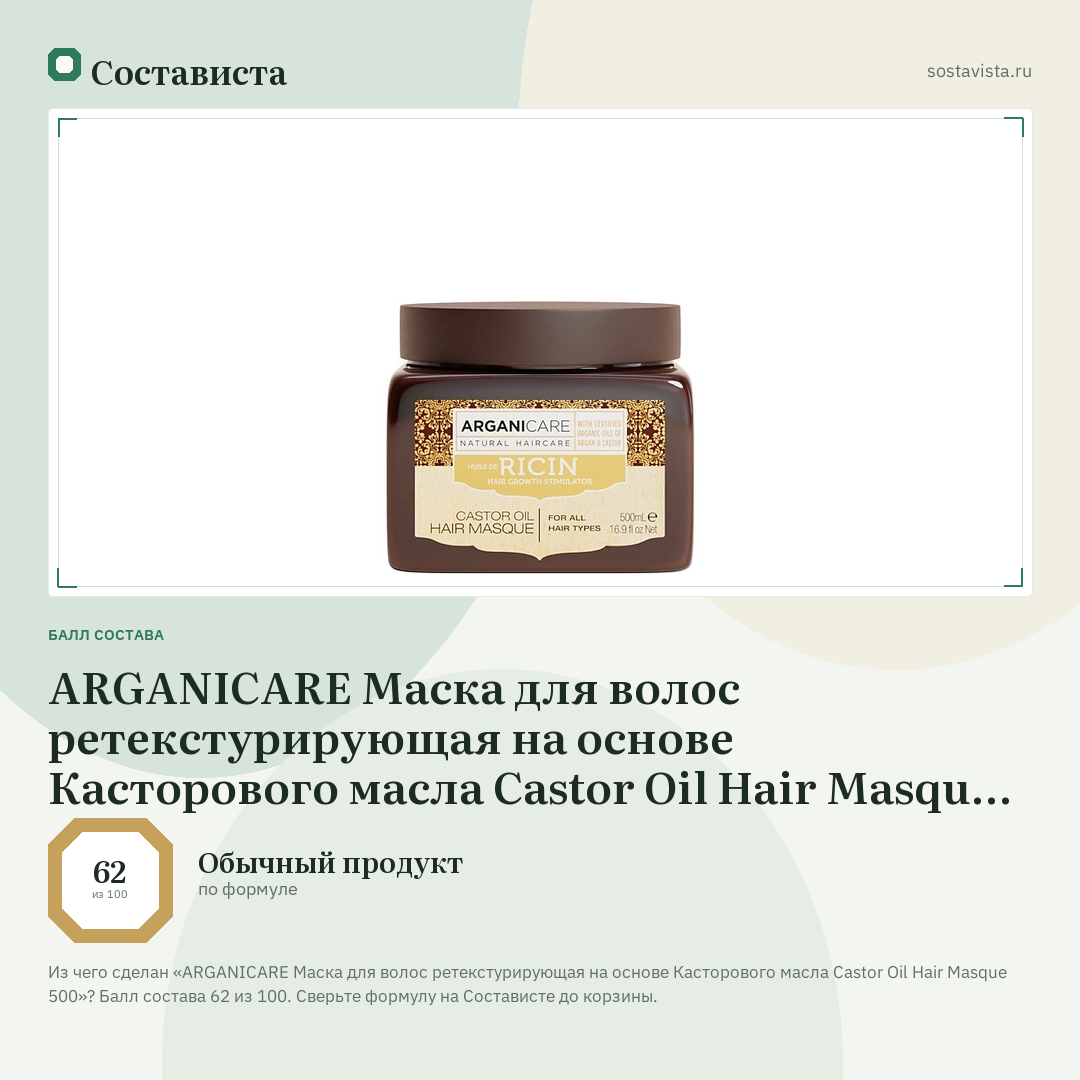 ARGANICARE Маска для волос ретекстурирующая на основе Касторового масла Castor Oil Hair Masque 500: балл состава 62 из 100 — Состависта