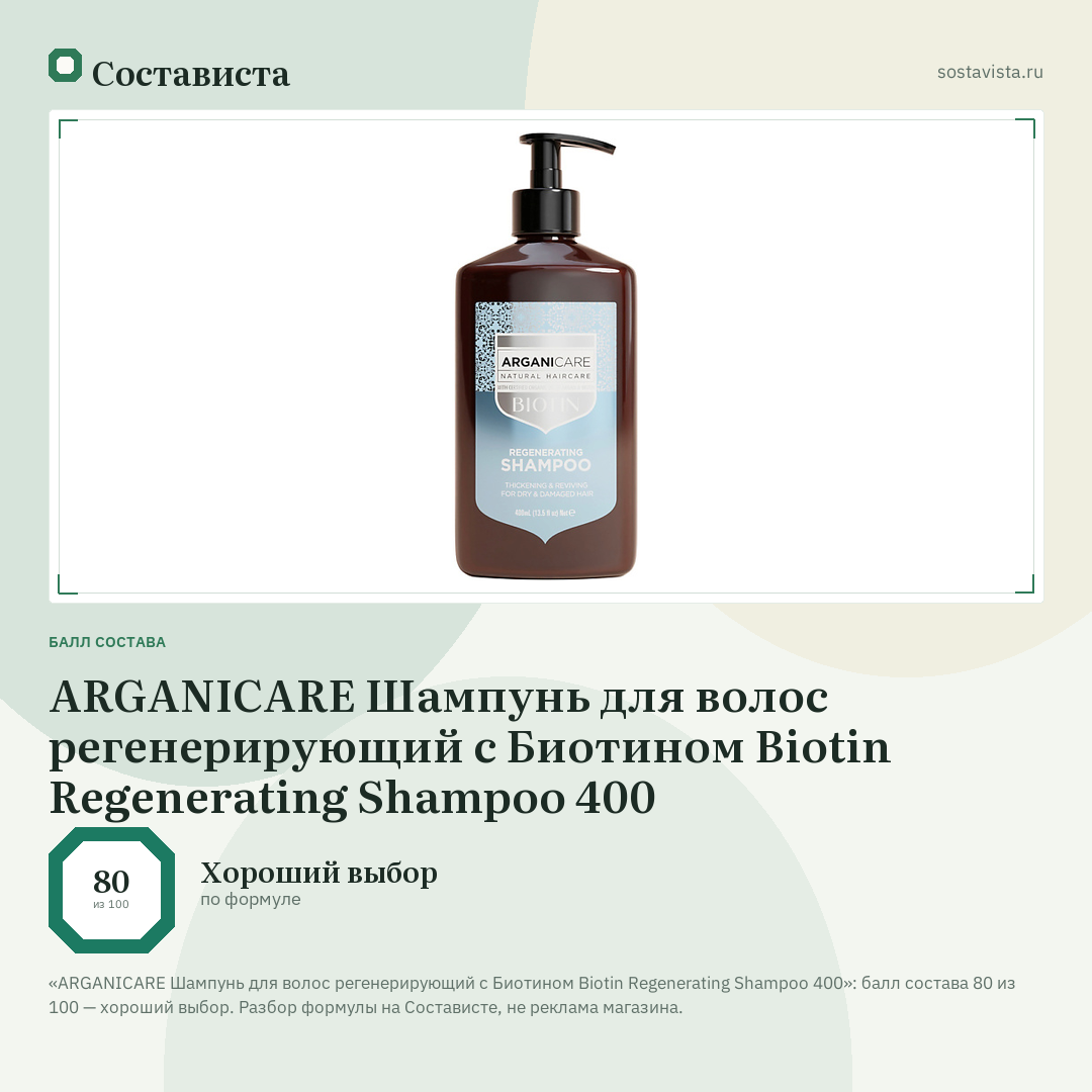 ARGANICARE Шампунь для волос регенерирующий с Биотином Biotin Regenerating Shampoo 400: балл состава 80 из 100 — Состависта