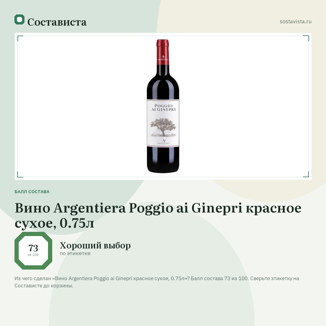 Вино Argentiera Poggio ai Ginepri красное сухое, 0.75л: балл состава 73 из 100 — Состависта