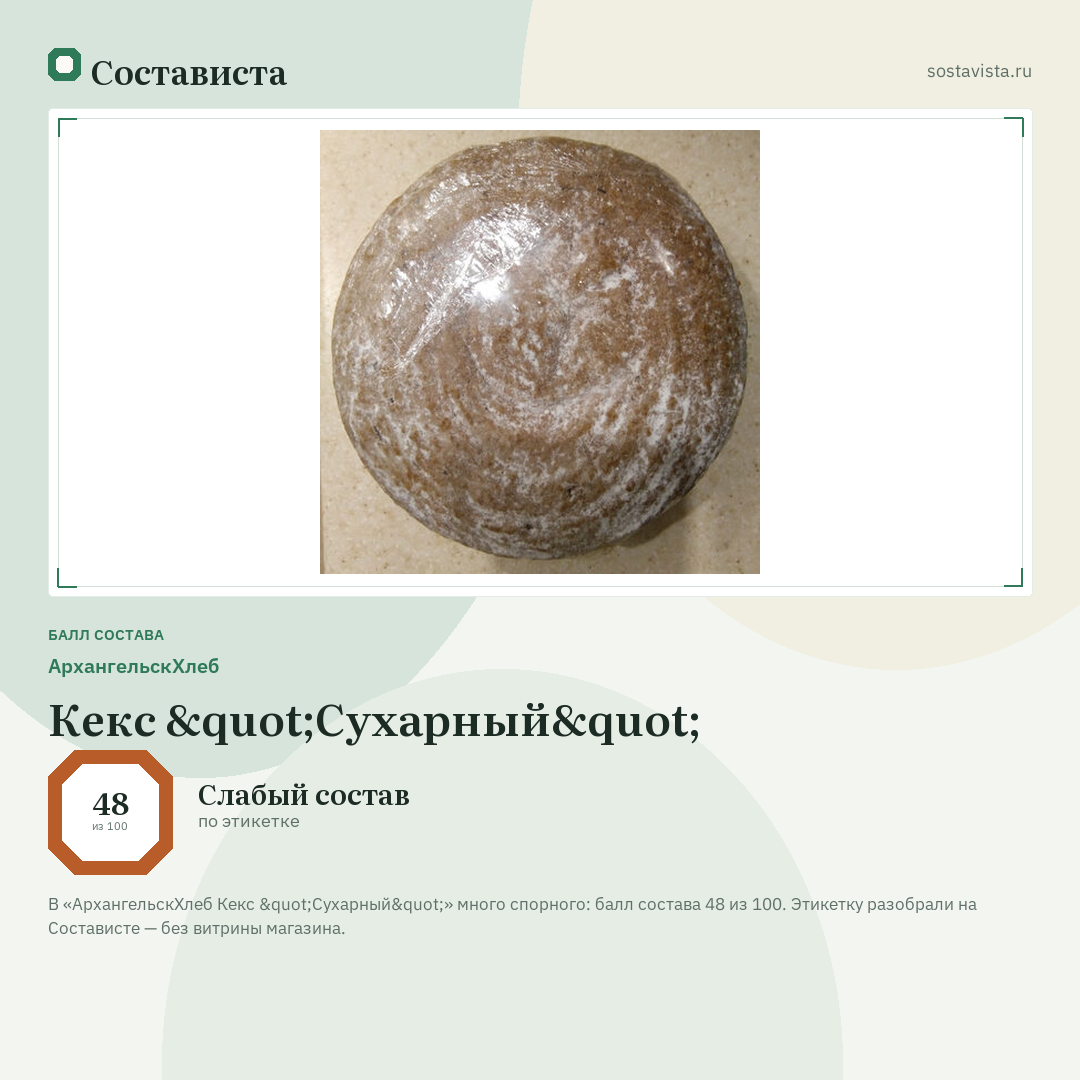 АрхангельскХлеб Кекс "Сухарный": балл состава 48 из 100 — Состависта