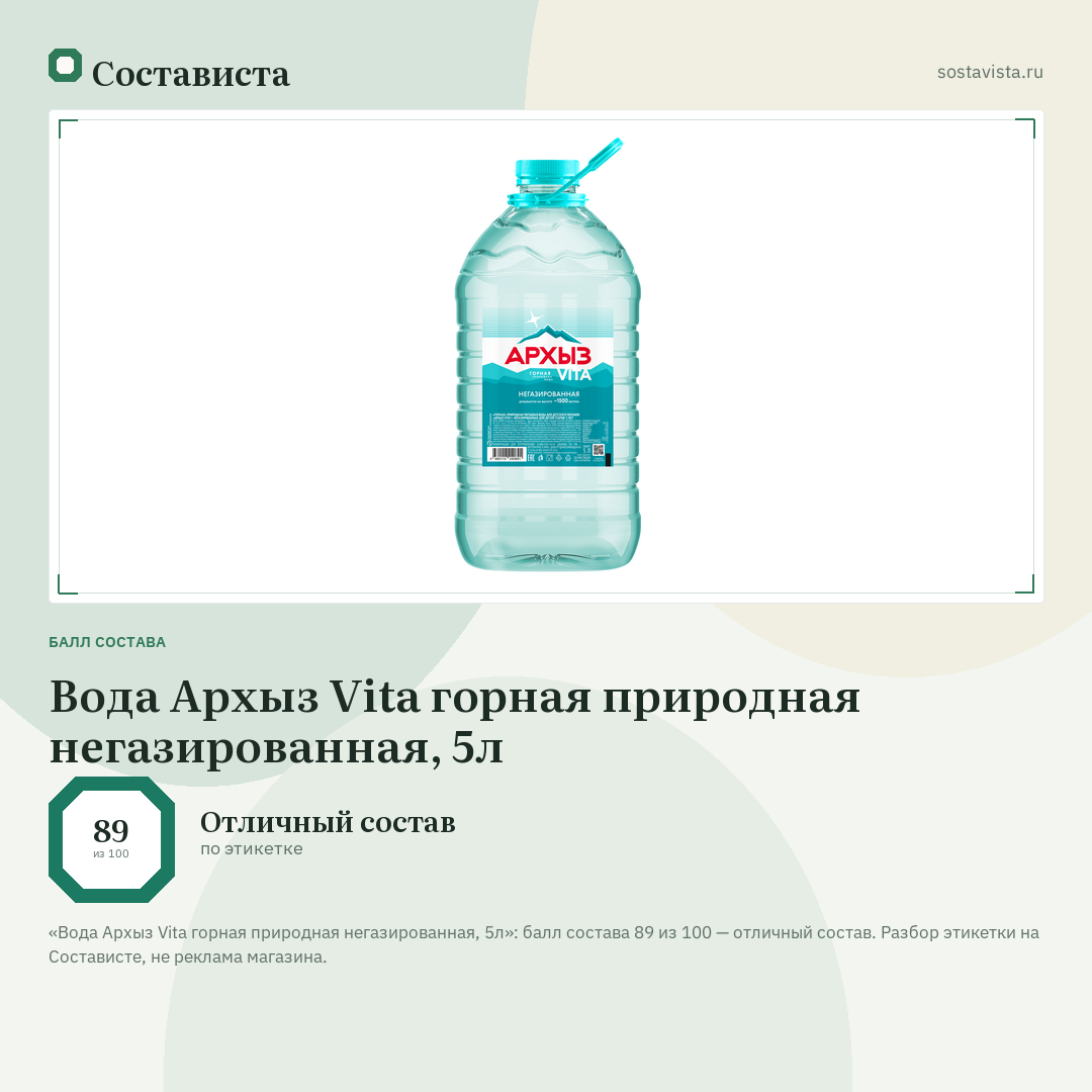 Вода Архыз Vita горная природная негазированная, 5л: балл состава 89 из 100 — Состависта