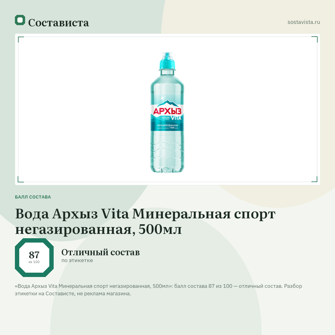 Вода Архыз Vita Минеральная спорт негазированная, 500мл: балл состава 87 из 100 — Состависта