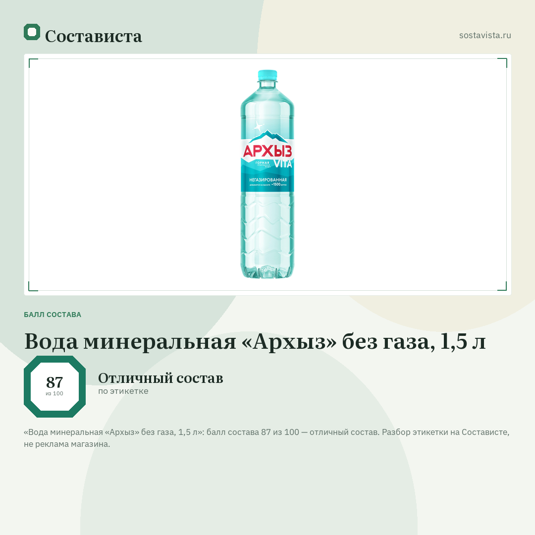 Вода минеральная «Архыз» без газа, 1,5 л: балл состава 87 из 100 — Состависта