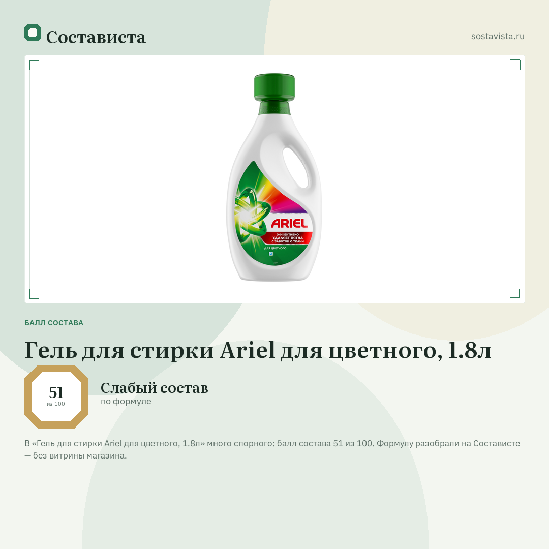 Гель для стирки Ariel для цветного, 1.8л: балл состава 51 из 100 — Состависта