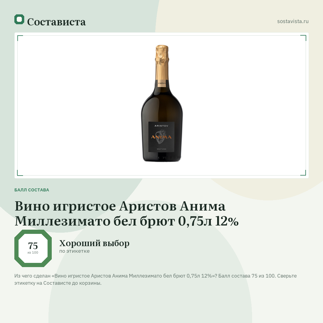 Вино игристое Аристов Анима Миллезимато бел брют 0,75л 12%: балл состава 75 из 100 — Состависта