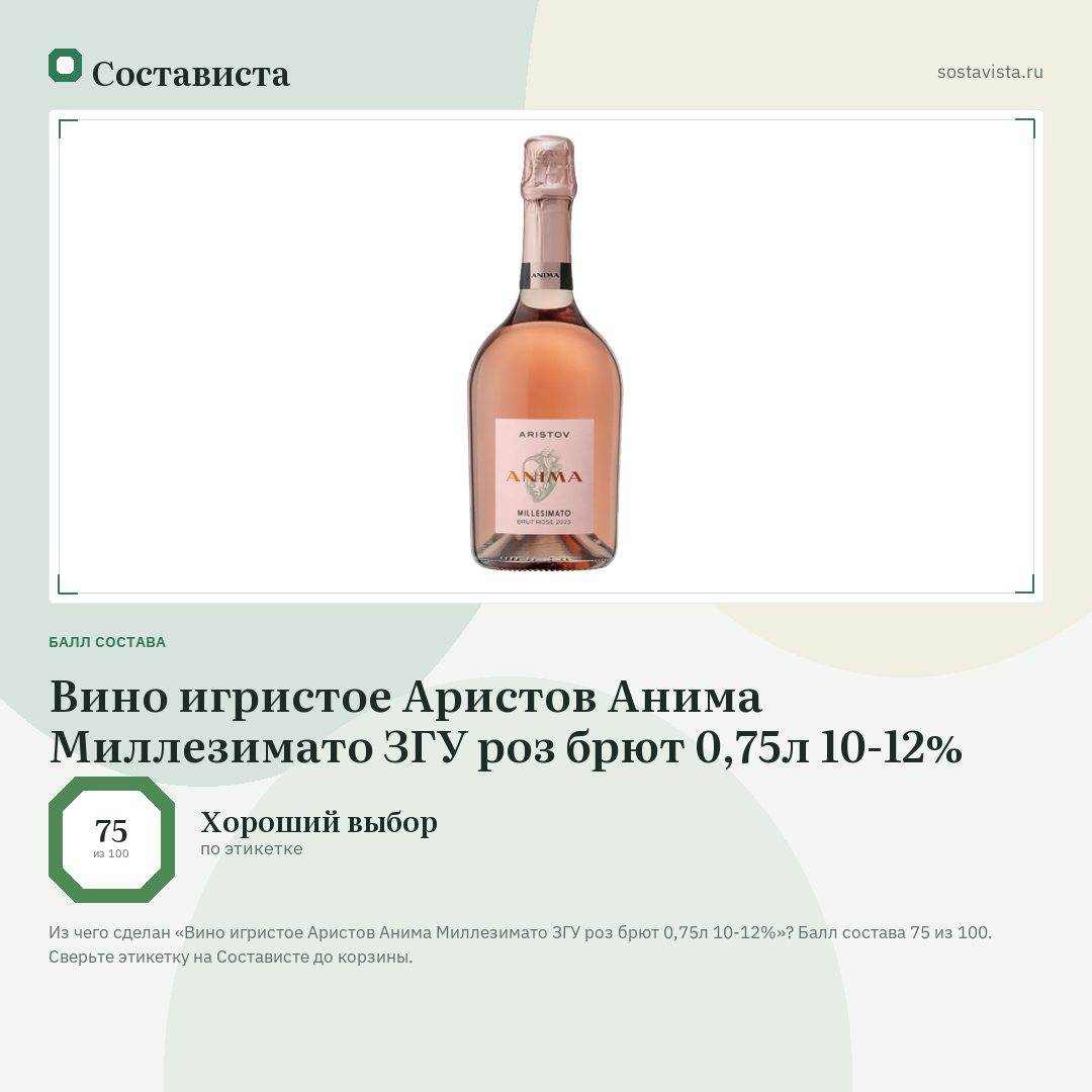 Вино игристое Аристов Анима Миллезимато ЗГУ роз брют 0,75л 10-12%: балл состава 75 из 100 — Состависта