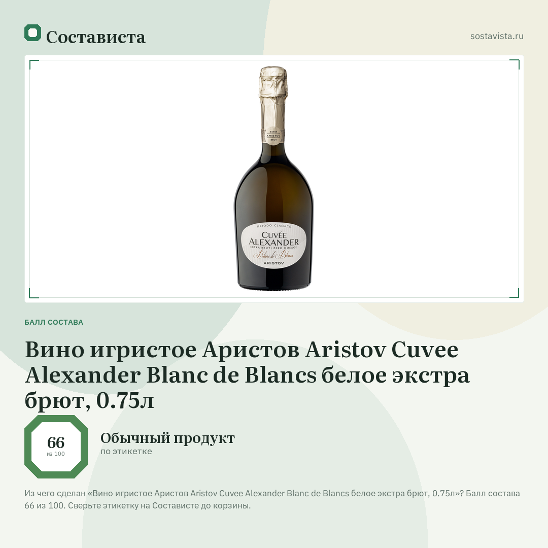Вино игристое Аристов Aristov Cuvee Alexander Blanc de Blancs белое экстра брют, 0.75л: балл состава 66 из 100 — Состависта
