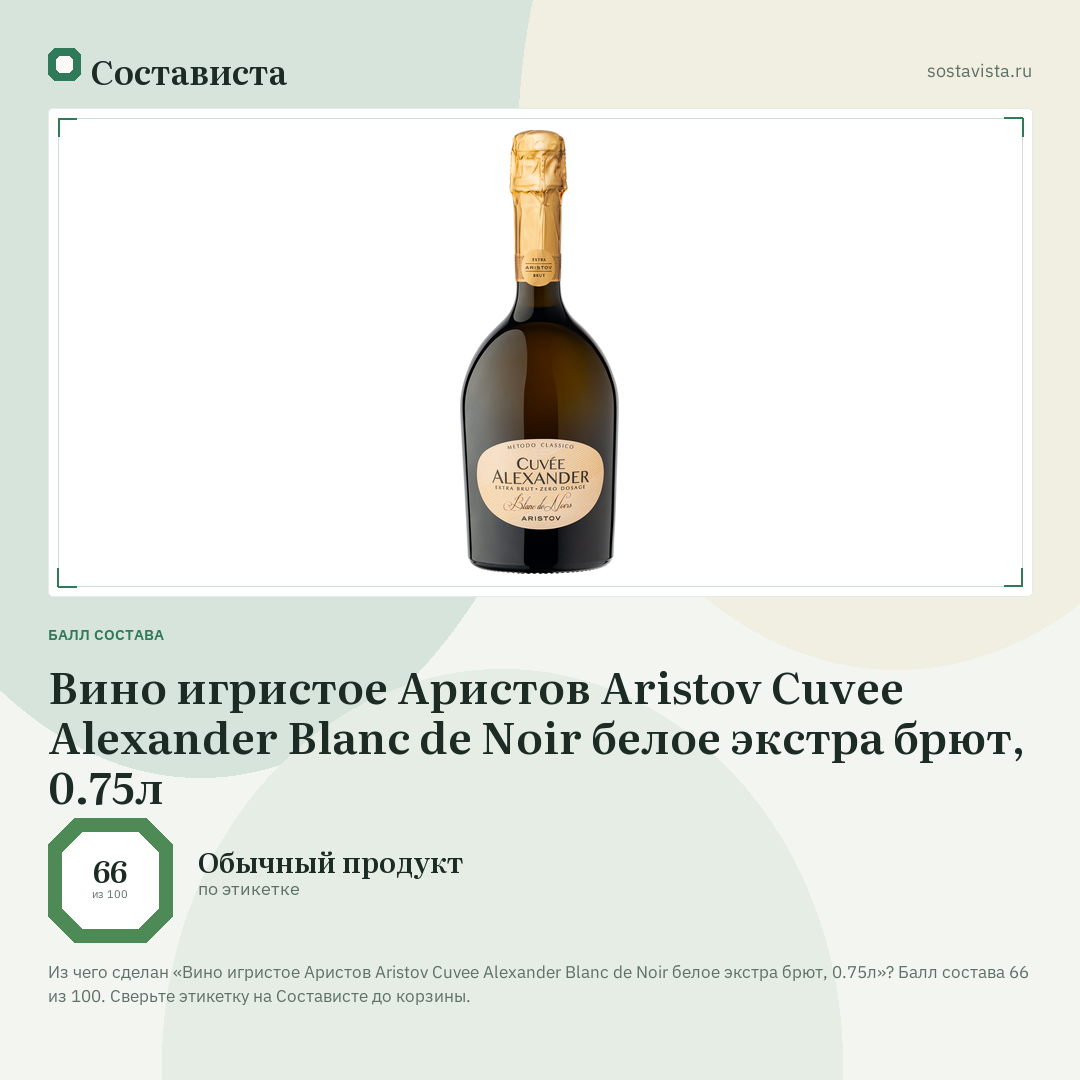 Вино игристое Аристов Aristov Cuvee Alexander Blanc de Noir белое экстра брют, 0.75л: балл состава 66 из 100 — Состависта