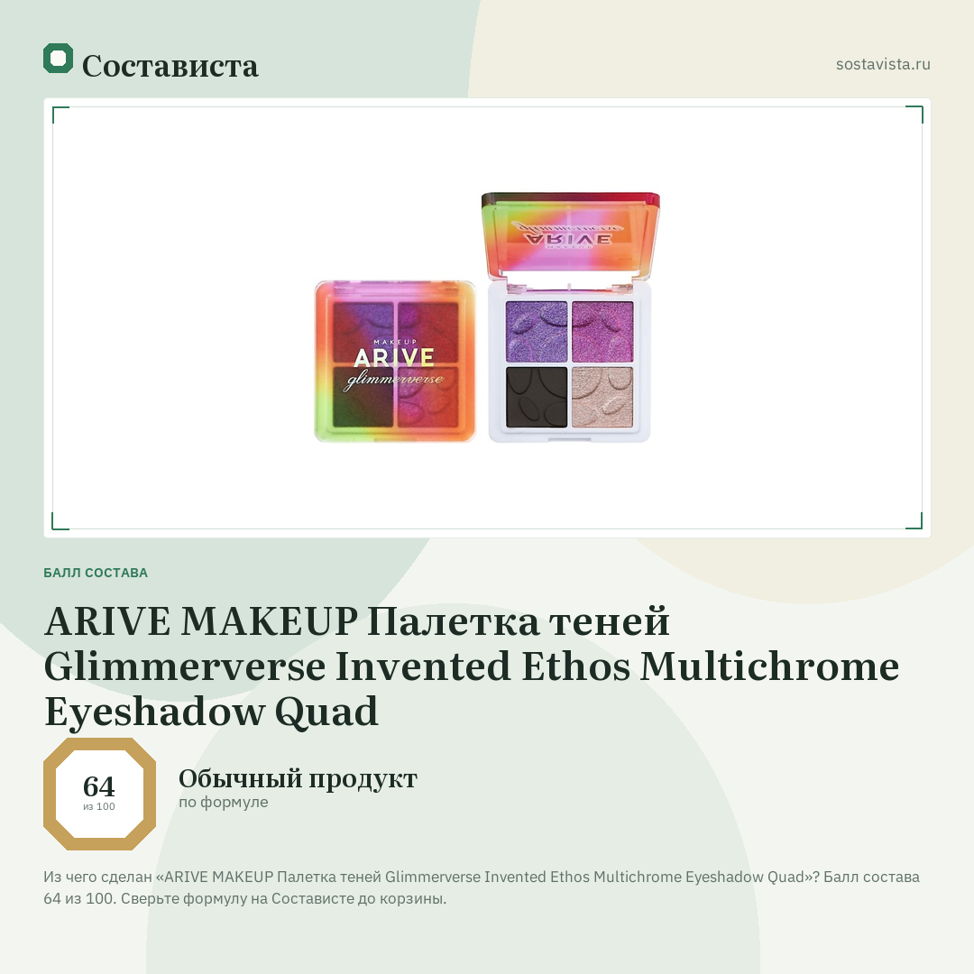 ARIVE MAKEUP Палетка теней Glimmerverse Invented Ethos Multichrome Eyeshadow Quad: балл состава 64 из 100 — Состависта