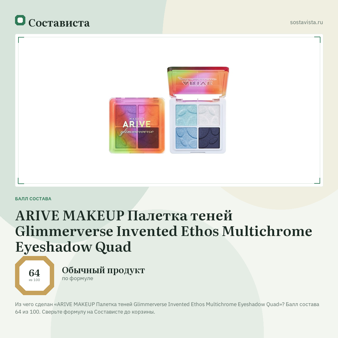 ARIVE MAKEUP Палетка теней Glimmerverse Invented Ethos Multichrome Eyeshadow Quad: балл состава 64 из 100 — Состависта