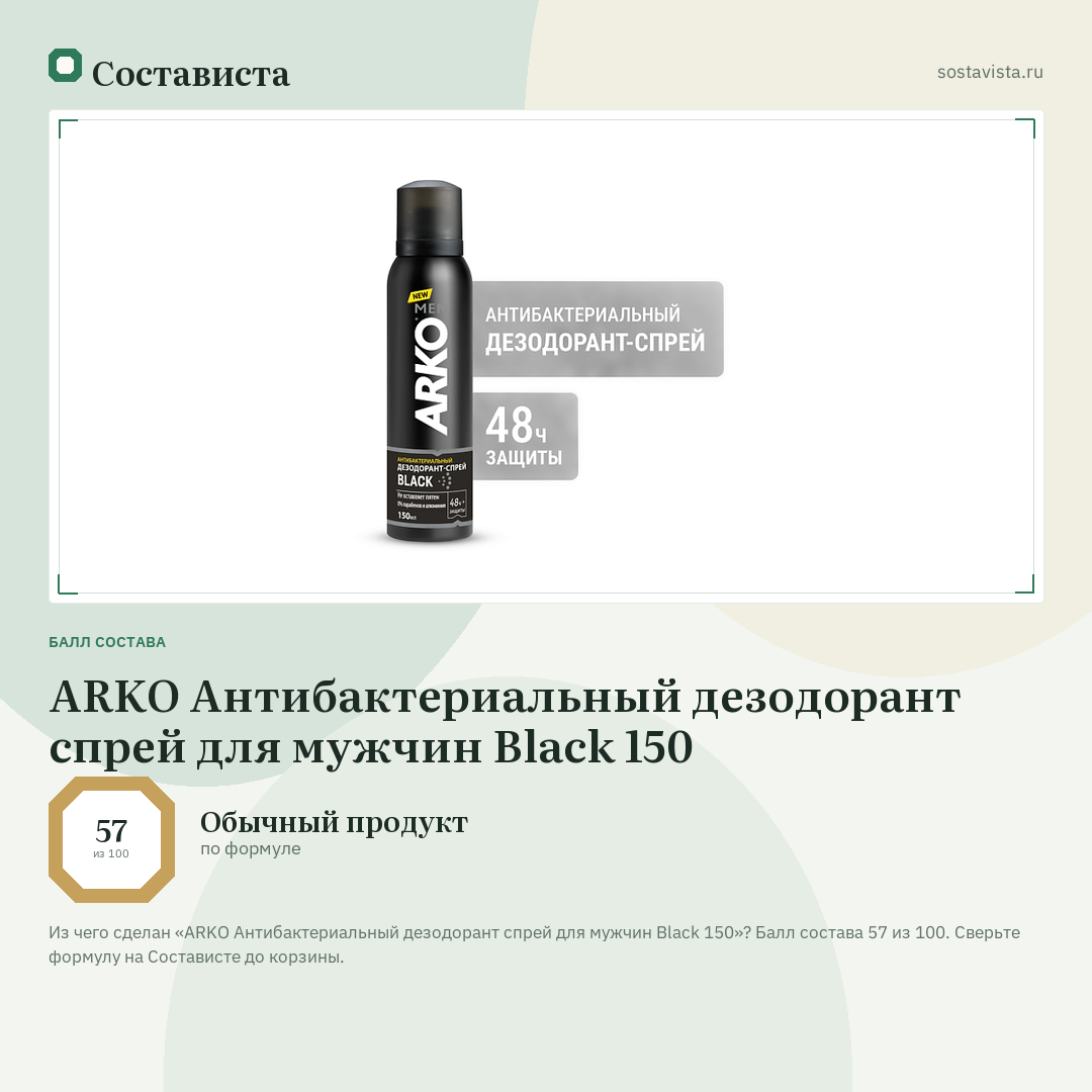 ARKO Антибактериальный дезодорант спрей для мужчин Black 150: балл состава 57 из 100 — Состависта