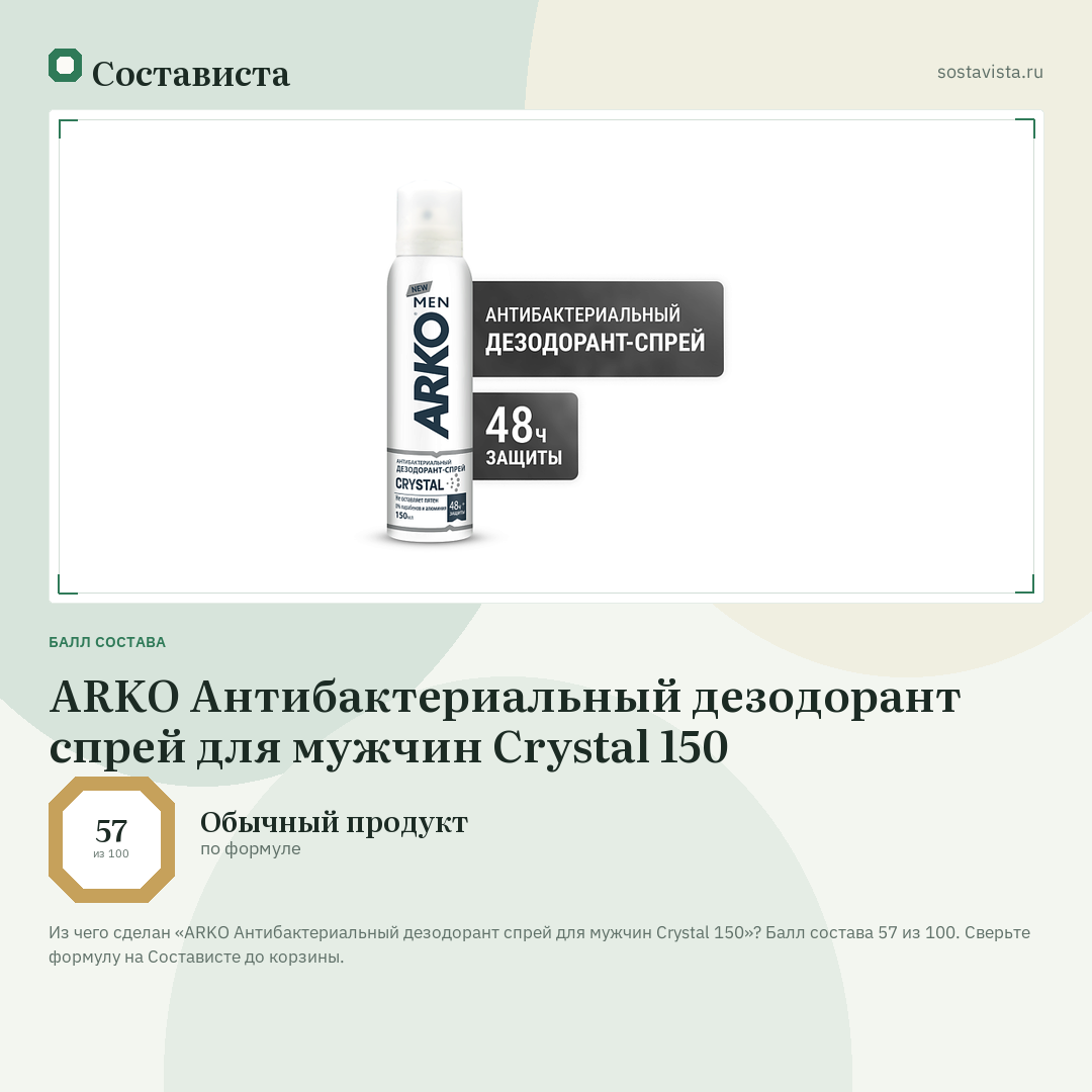 ARKO Антибактериальный дезодорант спрей для мужчин Crystal 150: балл состава 57 из 100 — Состависта