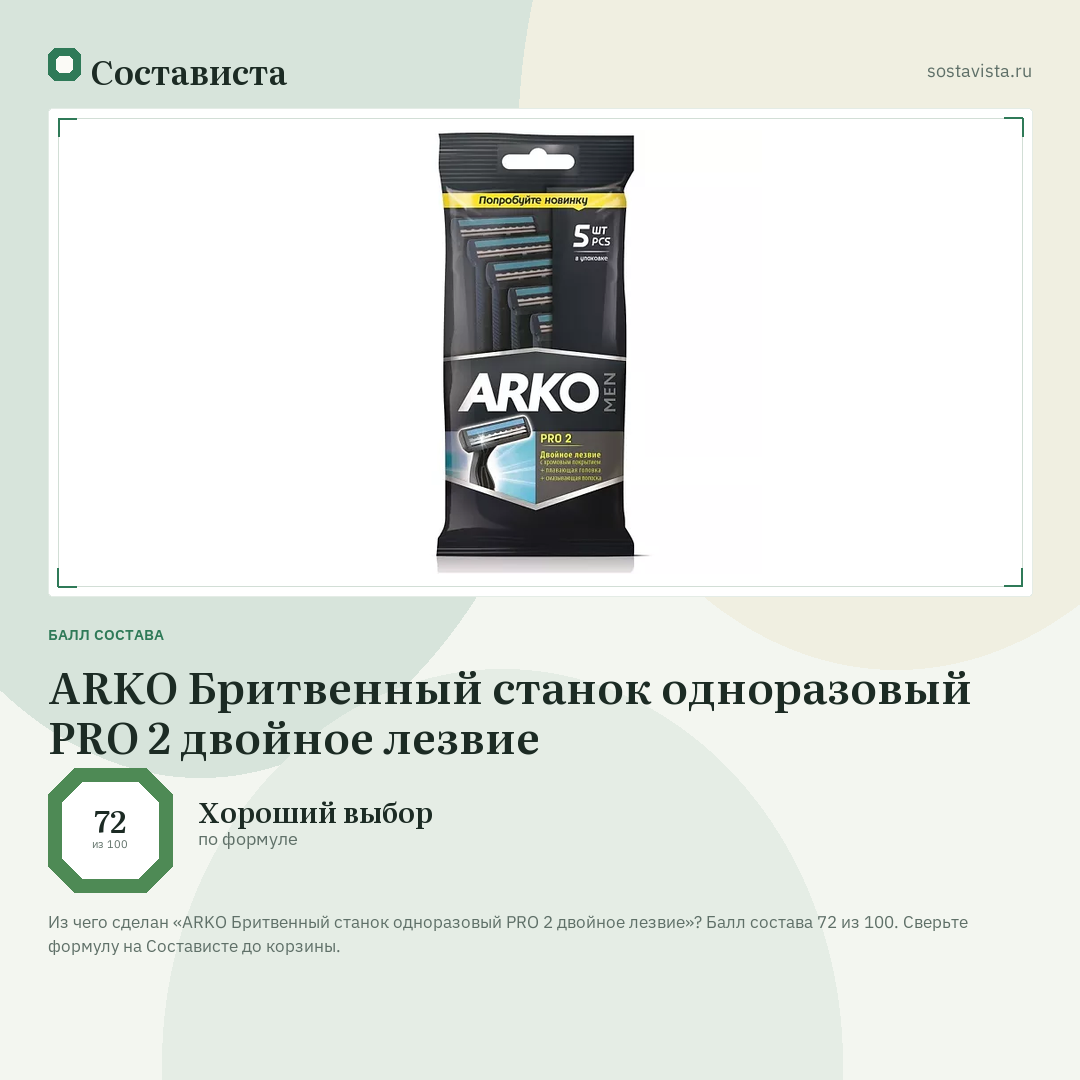 ARKO Бритвенный станок одноразовый PRO 2 двойное лезвие: балл состава 72 из 100 — Состависта