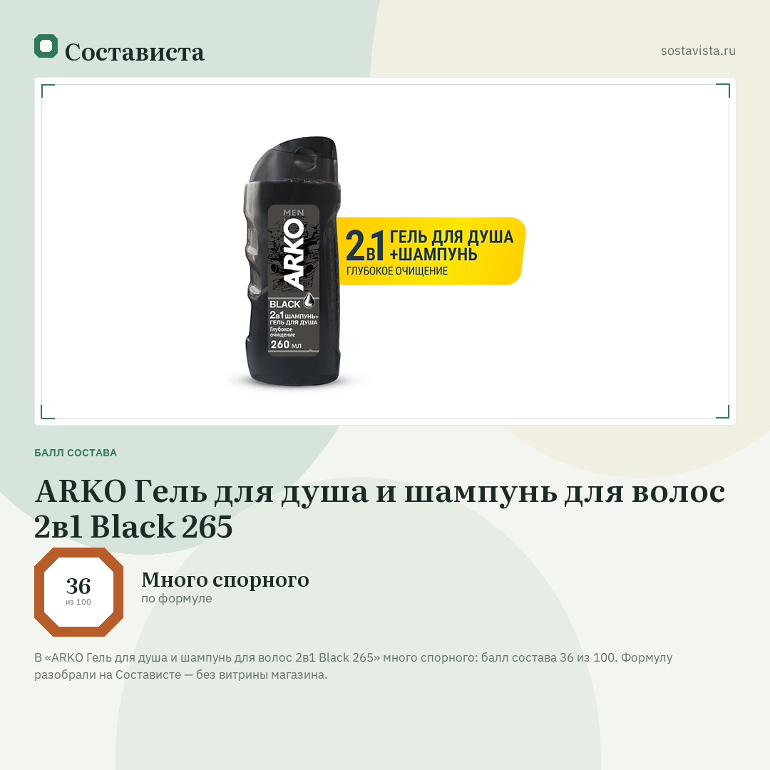 ARKO Гель для душа и шампунь для волос 2в1 Black 265: балл состава 36 из 100 — Состависта