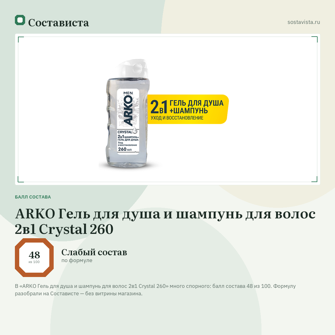 ARKO Гель для душа и шампунь для волос 2в1 Crystal 260: балл состава 48 из 100 — Состависта